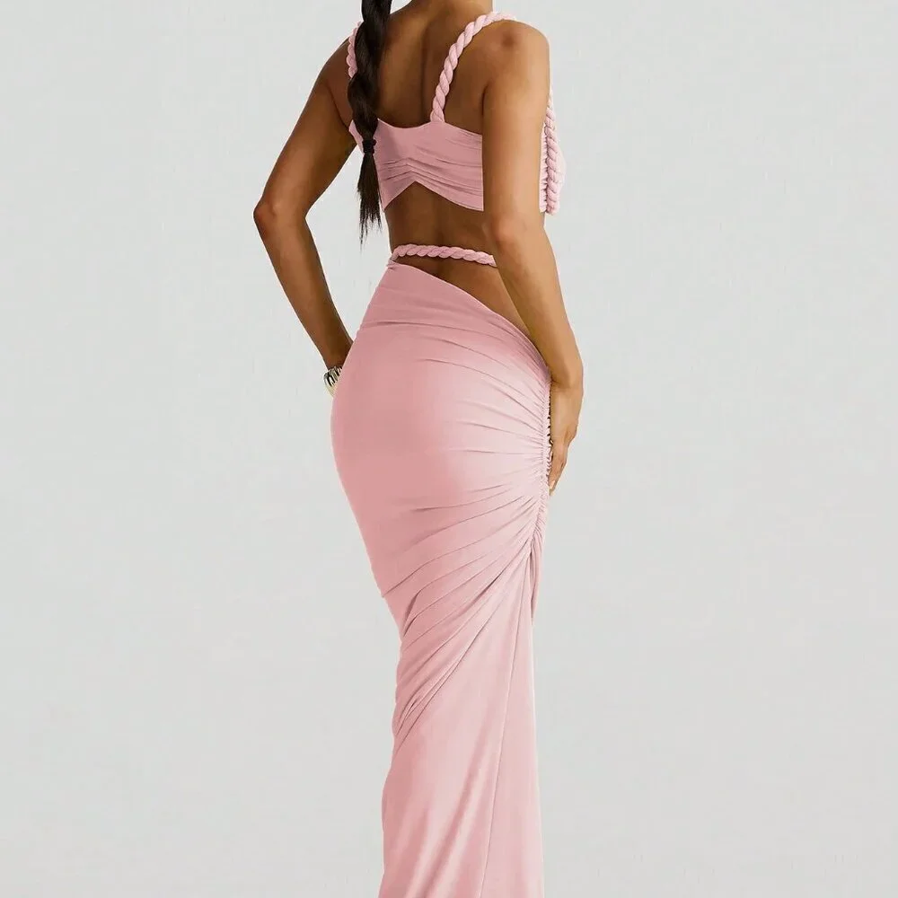 Pink Women's Sexy cropped top & Hip Hugging maxi Skirt Set